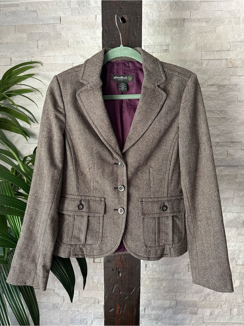 Eddie Bauer Brown Herringbone Tweed Wool Blend Blazer Jacket Size 6